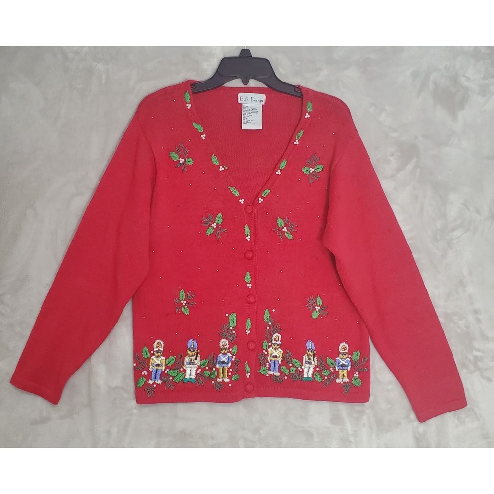 BP Design Sweater Womens M Red Christmas  Embroidered Nutcrackers Holly Cardigan